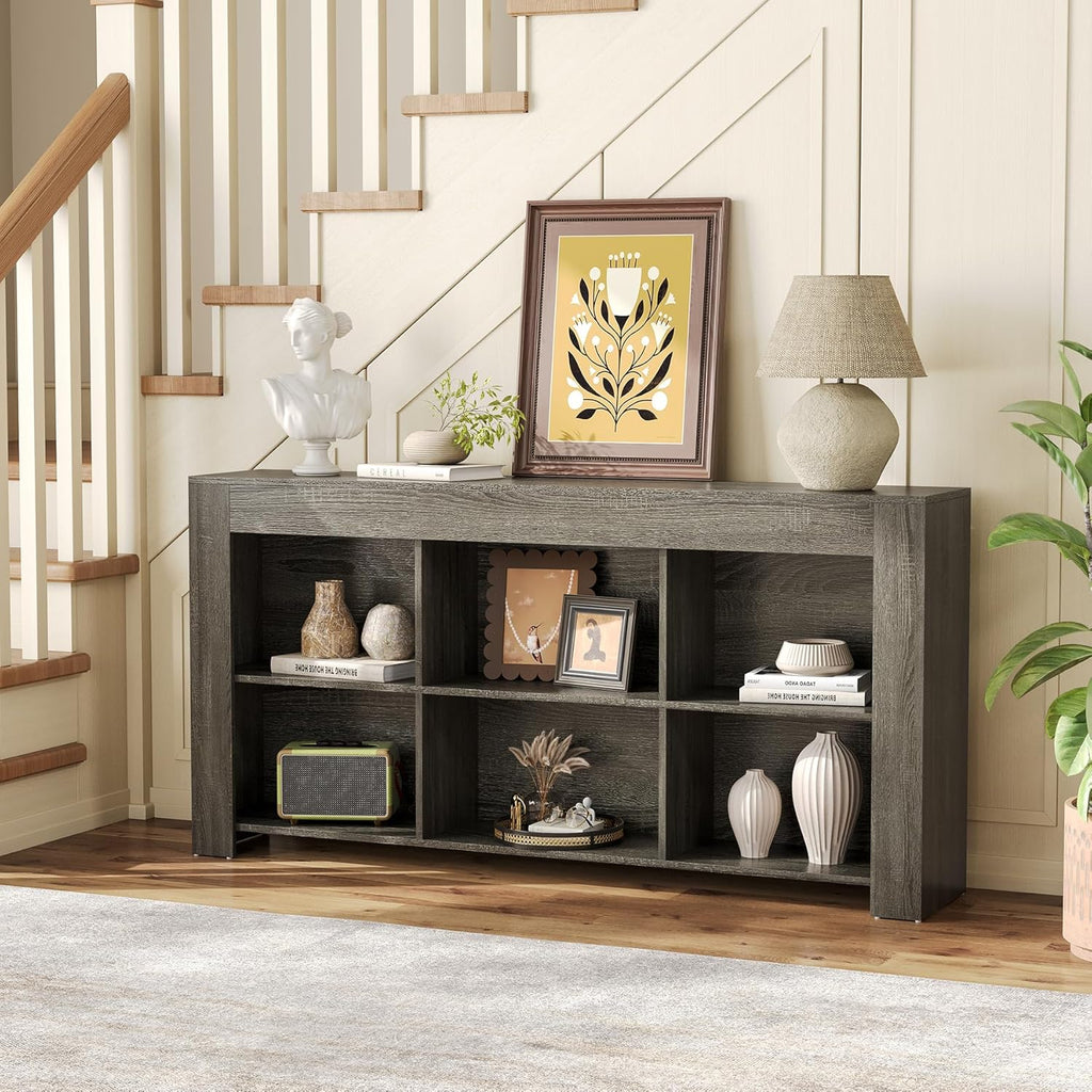LITTLE TREE Console Table with Storage, 63-Inch Long Sofa Table, Entryway Table with Cubes, Farmhouse Storage Shelves for Entryway, Living Room, Grey + Black
