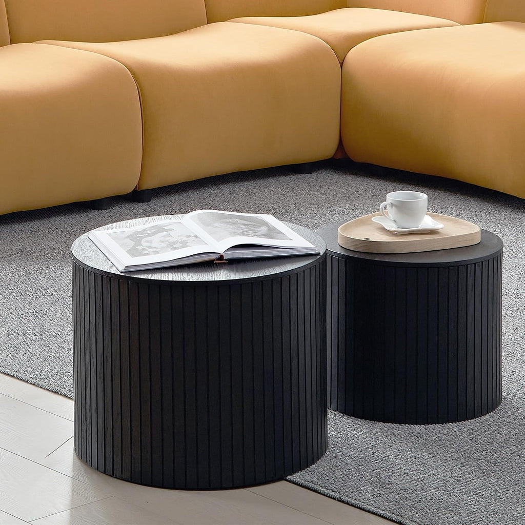 Round Storage Side Table Set of 2, Nesting Coffee Tables with Hidden Storage, Modern Wood Accent End Table for Living Room, Bedroom, Small Space, Minimalist Bedside Table, No Assembly(Black)
