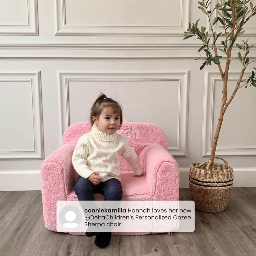 Delta Children Cozee Sherpa Chair – Customize with Name – Foam Kids Chair for Ages 18 Months and Up, Cream