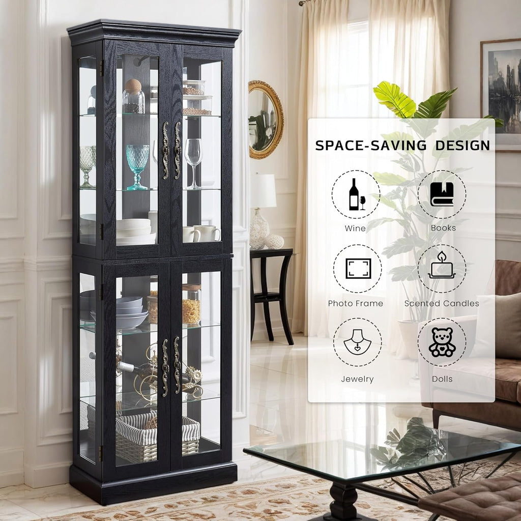 Lighted Curio Cabinet 71" Vintage Glass Display Case with Adjustable Shelves, 4 Tempered Glass Doors, Bulb Included, Wooden Square Wine Bar China Cabinet for Living Room Liquor Storage (Black)
