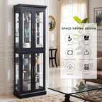 Lighted Curio Cabinet 71" Vintage Glass Display Case with Adjustable Shelves, 4 Tempered Glass Doors, Bulb Included, Wooden Square Wine Bar China Cabinet for Living Room Liquor Storage (Black)
