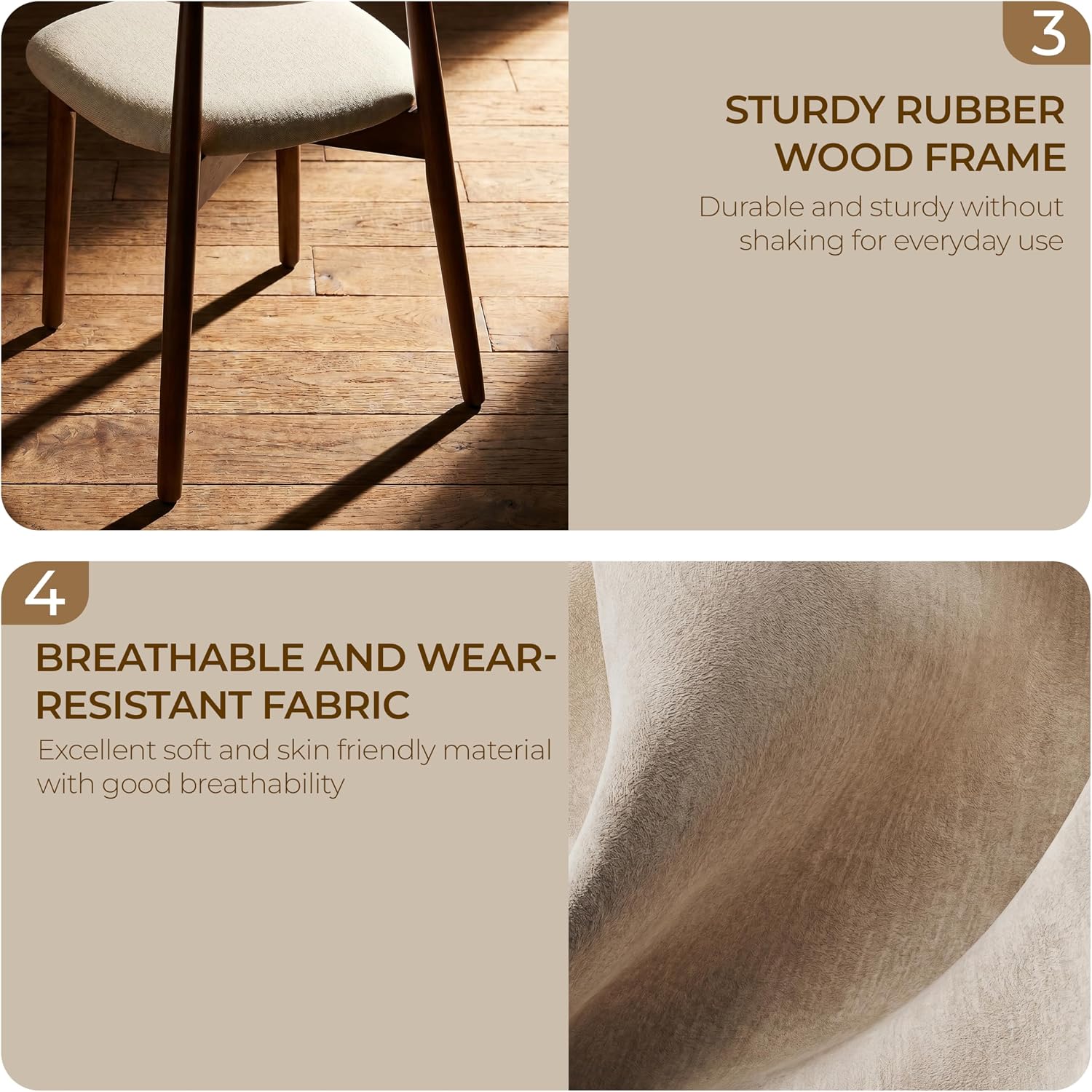 Mid Century Modern Dining Chairs Set of 6, Farmhouse Wooden Fabric Upholstered Kitchen Chairs with Curve Back, Mid-Century Dining Room Chairs for Living Room Restaurant Cafe with Brown Legs, Camel