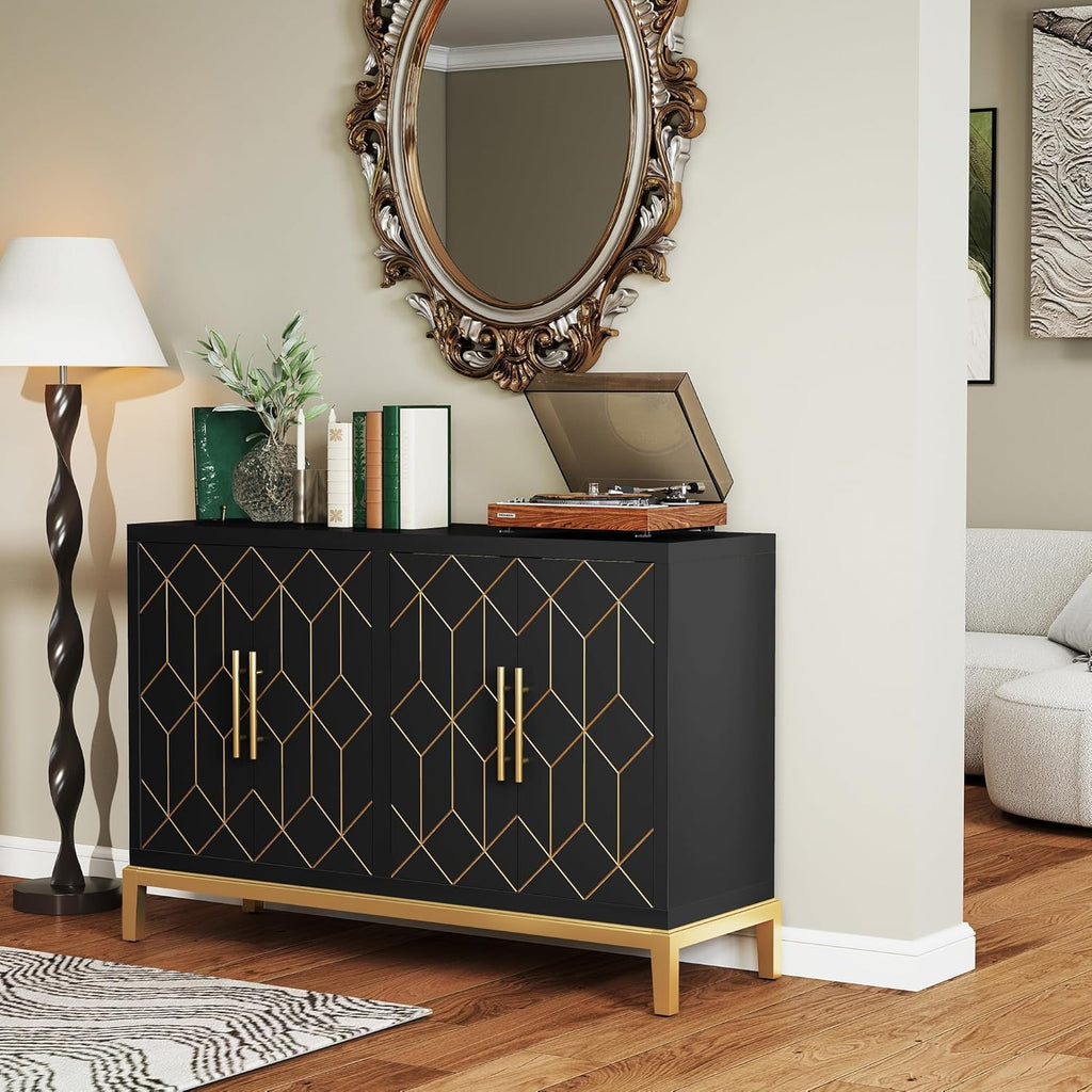 47.8" Storage Accent Cabinet with 4 Doors, Modern Sideboard Buffet Cabinet with Gold Lines, Wood Decorative Credenza with Storage for Living Room, Kitchen, Dining Room, Entryway, Black