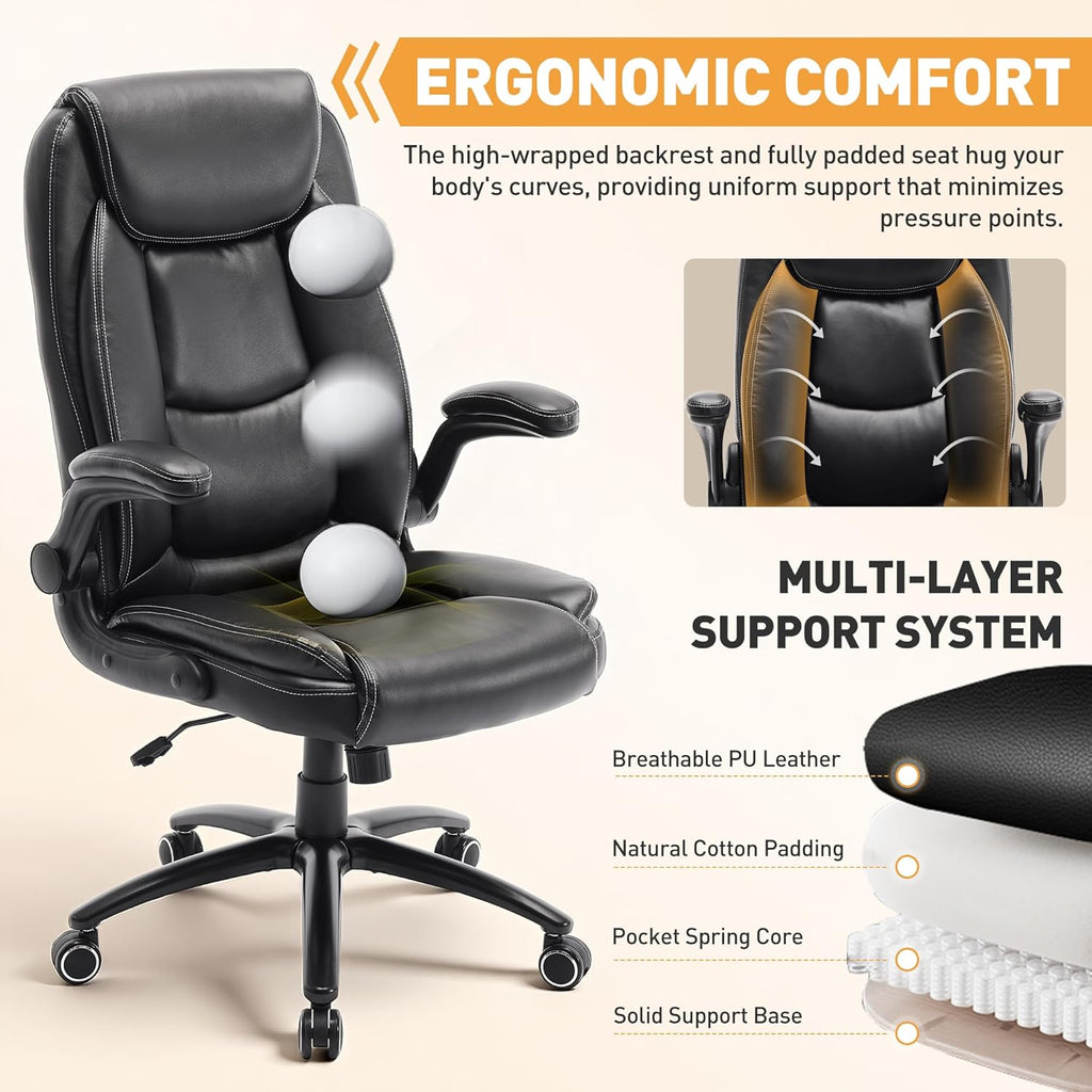 MALOL 300LBS PU Leather High-Back Executive Office Chairs, Heavy Duty Home Ergonomic Computer Chair Flip-Up Armrests & Reclining Backrest, Black