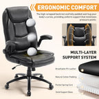 MALOL 300LBS PU Leather High-Back Executive Office Chairs, Heavy Duty Home Ergonomic Computer Chair Flip-Up Armrests & Reclining Backrest, Black