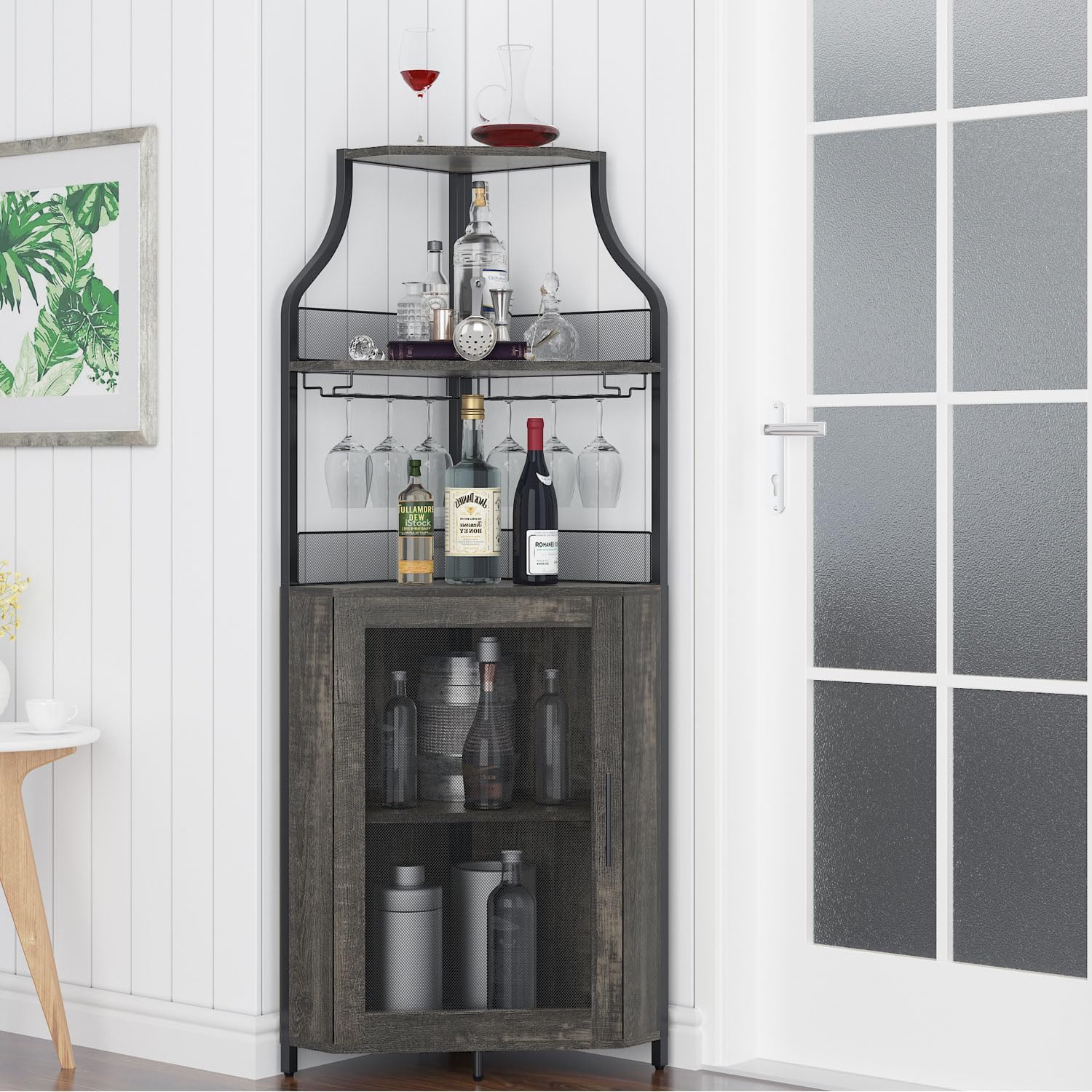 GAOMON Corner Wine Bar Cabinet with Large Storage Space and Removable Wine Rack, Coffee Bar Cabinet with Glass Holder and Mesh Door, 4-Tier Liquor Cabinet Bar, Dark Wood