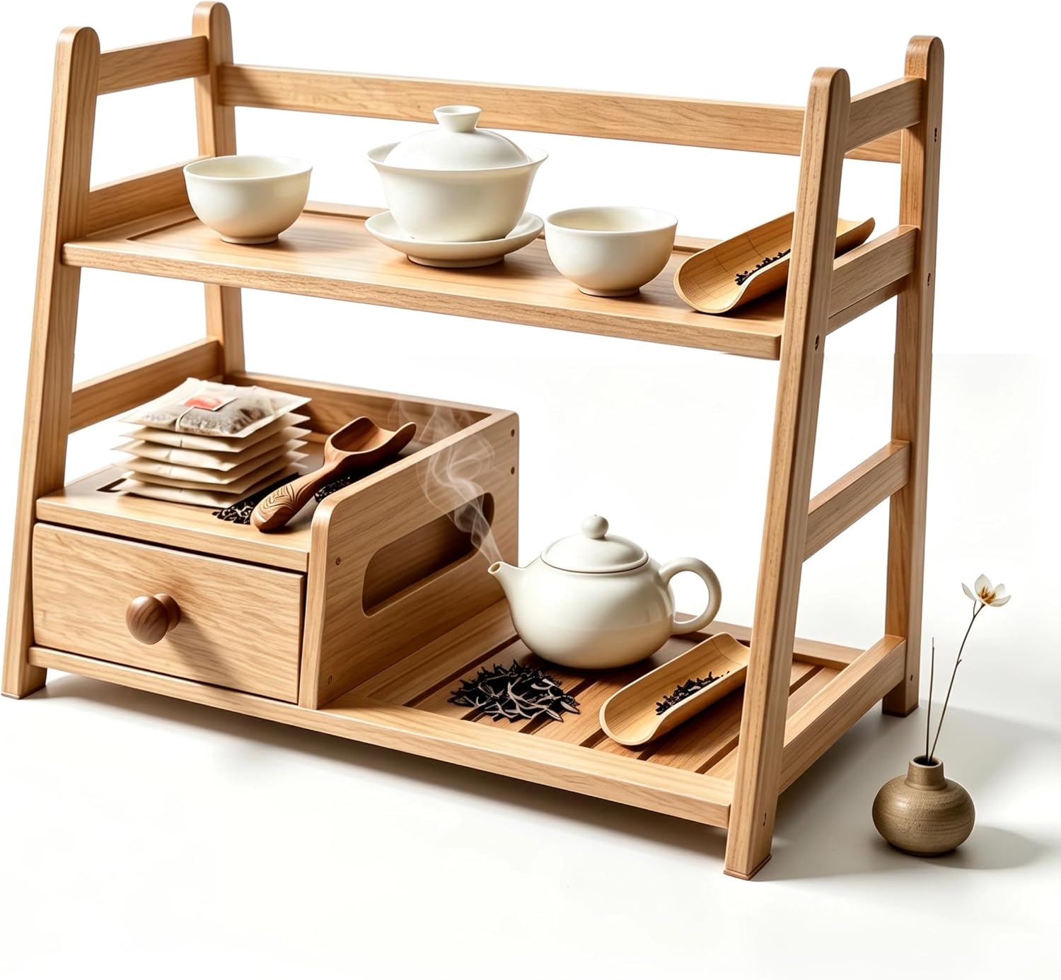 Tea Matcha Coffee Bamboo Station with Drawer for Kitchen and Office | countertop tidying, two-tier design, easy to clean, requires no complicated assembly, multi-scene use, tea drawer