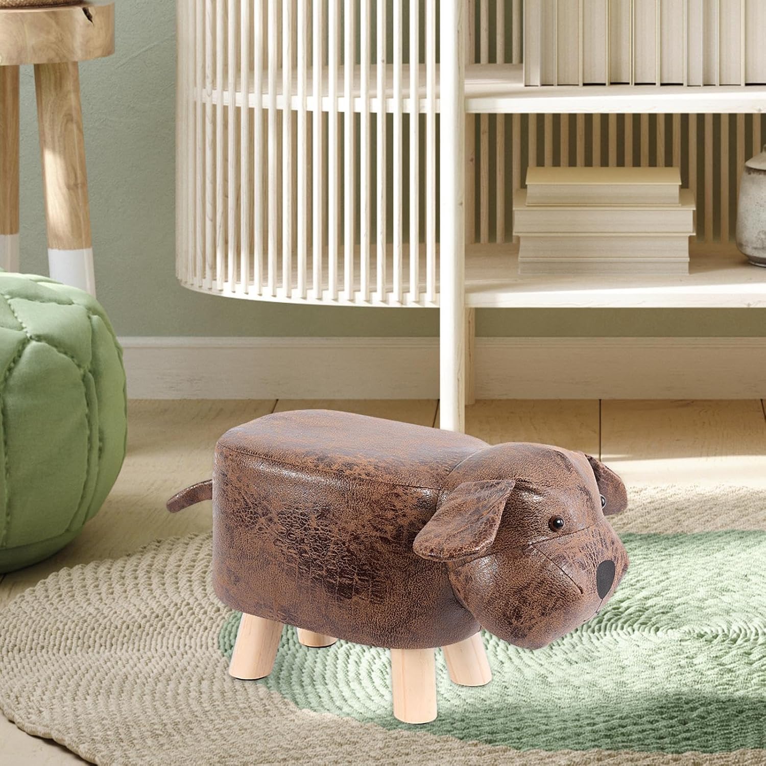 Cartoon Footstool Animal Shaped Padded Ottoman Upholstered Stool with Wooden Frame and Soft Sponge Cushion Suitable for Children Bedroom Playroom, Brown