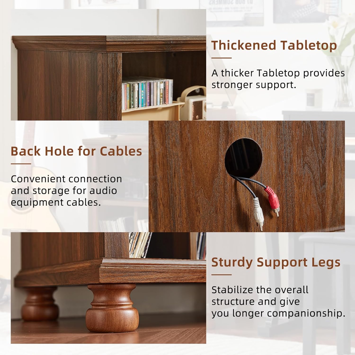Joaxswe Record Player Stand with Charging Station Up to 200 Albums, 24" Wide Mid-Century Record Player Table with Vinyl Record Storage,Large Wood Turntable Stand Dispaly Cabinet for Living Room,Brown