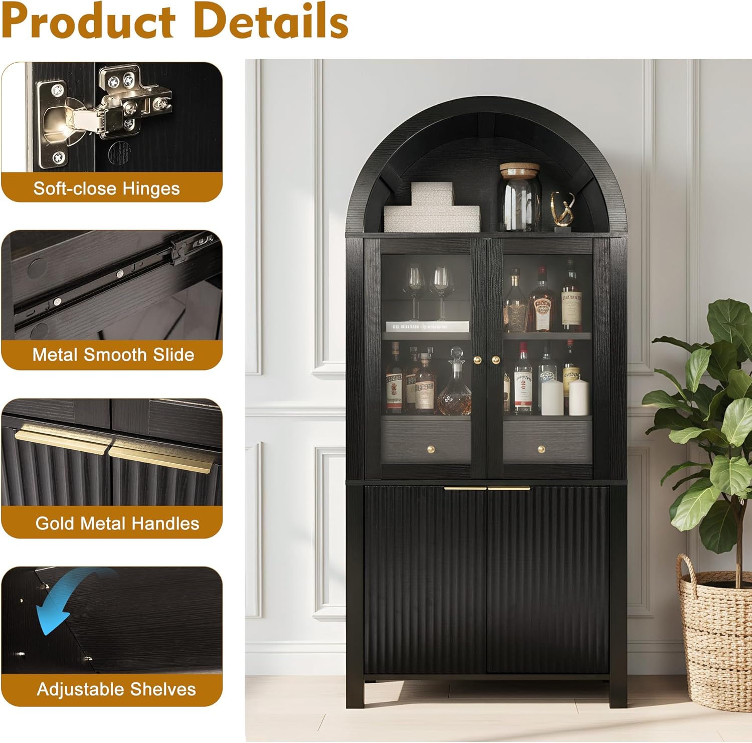 71" Fluted Arched Glass Door Cabinet, Tall Display Cabinet with Adjustable Shelves & Hidden Drawer, Soft Close China Hutch for Kitchen, Dining Room, Living Room (Black)