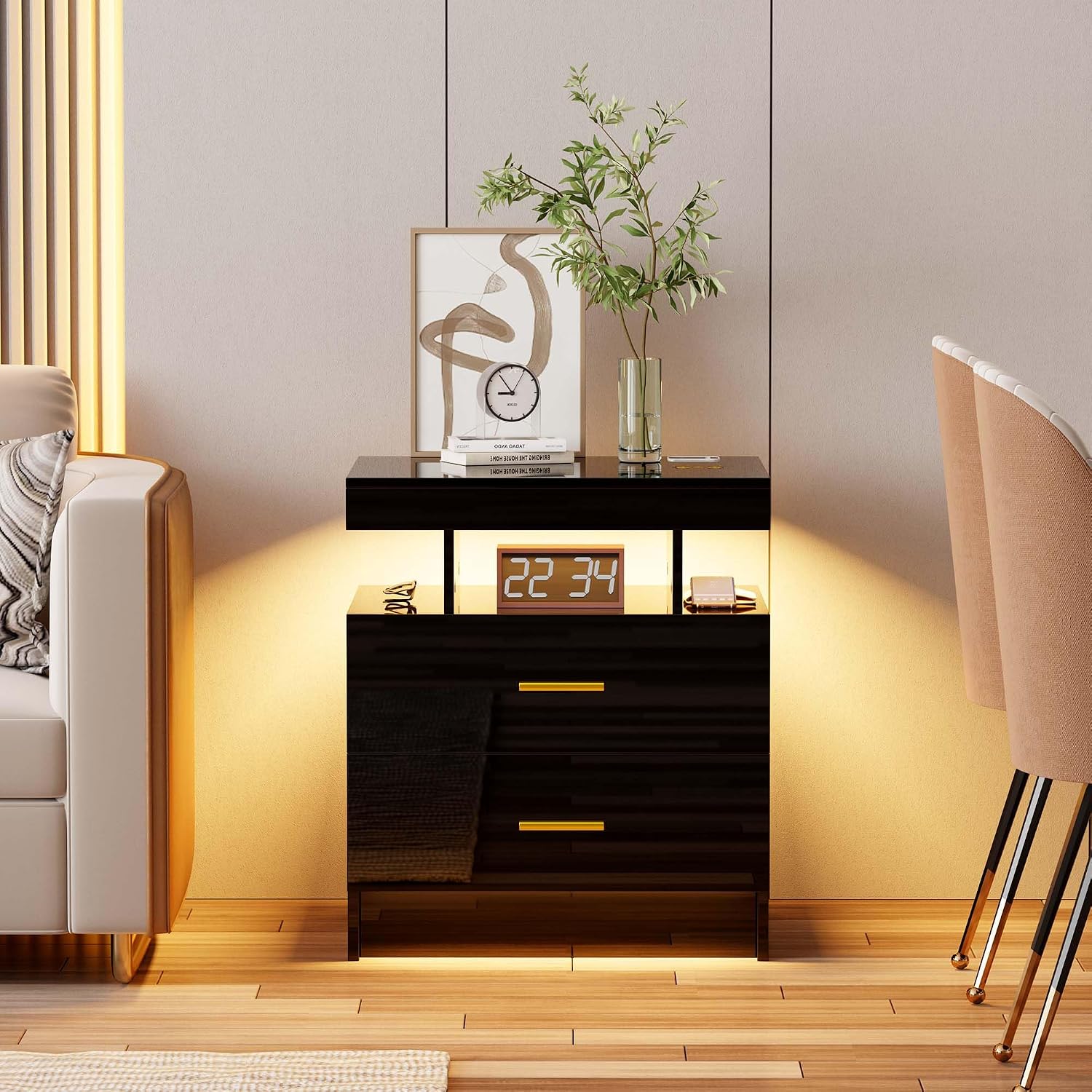 Lvifur Smart Nightstand with RGB Lights & Wireless Charging Station - Black | Motion Sensor, Dynamic & Static Lights, Adjustable Brightness, USB & Type-C Charging, Drawers with Metal Rail, 3 Compartments