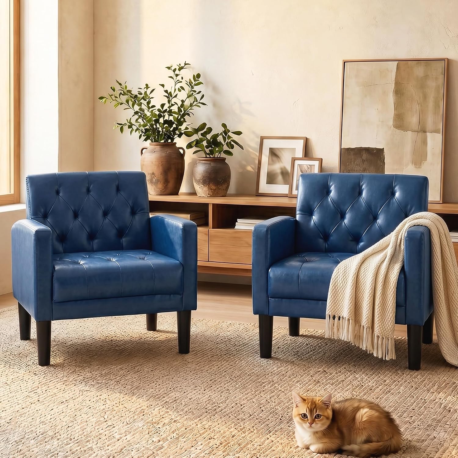 TYBOATLE Accent Chairs Set of 2 Comfy Living Room Chair Leather Tufted Mid Century Modern Accent Chair, Small Cozy Reading Arm Chair for Office, Bedroom (2, Blue)