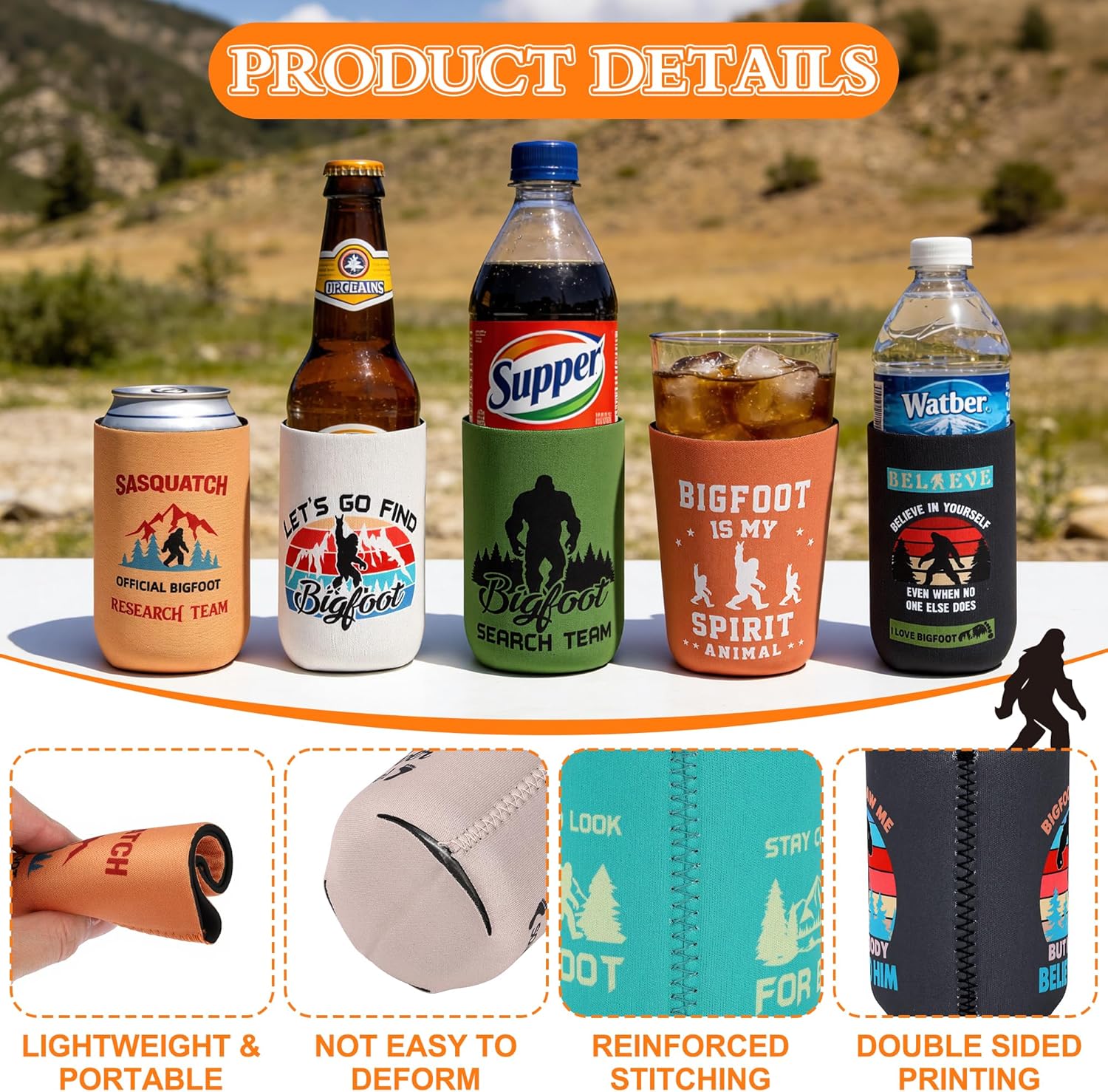 12 Pack Bigfoot Can Cooler Sleeves – Big Foot Sasquatch Gifts, Neoprene Collapsible Beer Can Sleeves for Parties, Camping, BBQ – Bigfoot Gifts for Men & Outdoor Lovers