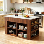 59" Kitchen Island with Storage & Seating for 2, Modern Stationary Kitchen Island with Faux Marble Top, 2 Drawers, Open Shelves & 5 Hooks, Counter Height Prep Table for Dining & Kitchen (Walnut)