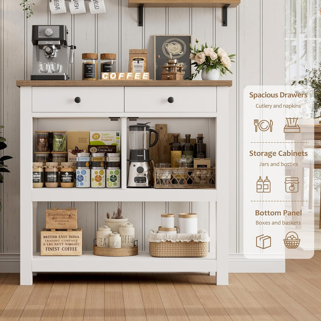 HOSTACK Farmhouse Console Table with 2-Door Cabinet & 2 Drawers, Coffee Bar, Entryway Table with Storage Shelf, Sofa Tables Buffet Sideboard for Kitchen, Hallway, Dining, Living Room, White
