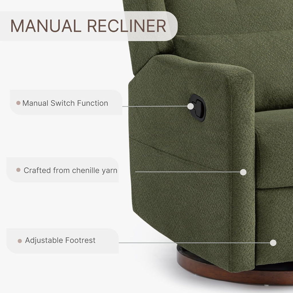 KISLOT Nursery Recliner Chair Swivel Glider Upholstered Rocker Fabric Manual Reclining Chair with Wood Base for Living Room Bedroom