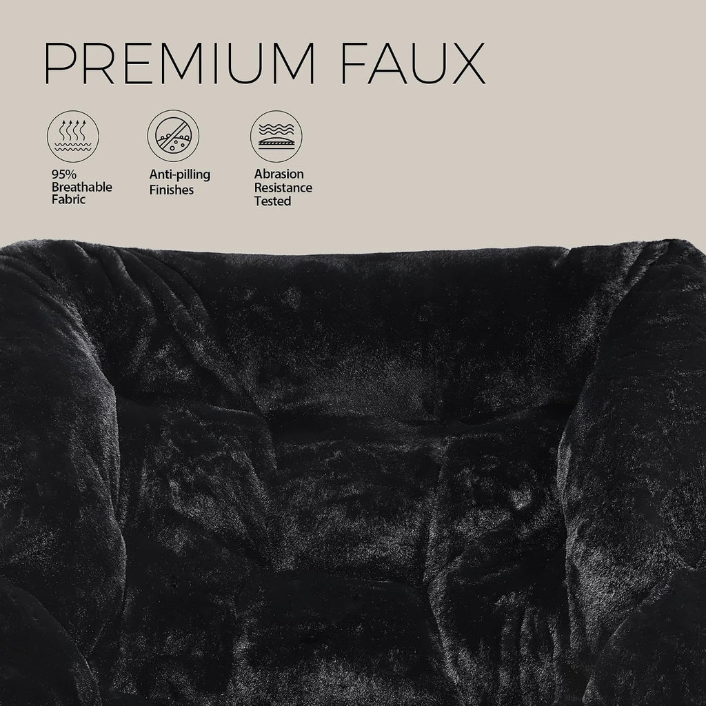 Walsham Folding Comfy Chair with Ottoman, Faux Fur Soft Cozy Lounge Reading Papasan Chair with Footrest for Adults Kids Bedroom Living Room Dorms Small Space, Black