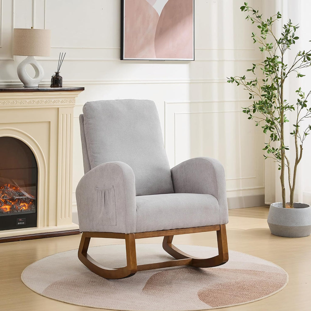 Gentle Rocking Chair, Nursery Chair, Polyester Accent Armchair with High Back, Side Pocket, Rubber Wood Legs, Light Gray, for Living Room or Bedroom