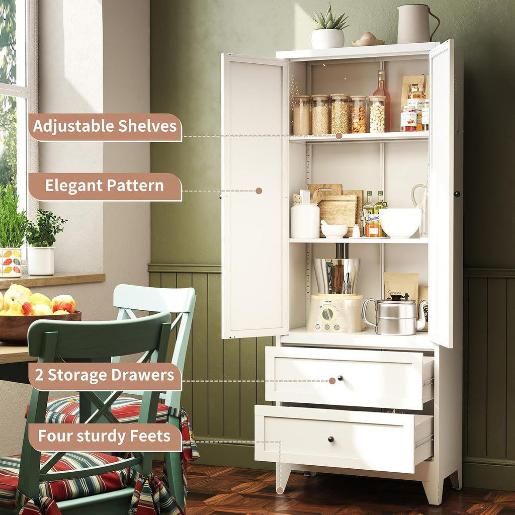 72" Tall 27.5" Wide Large Pantry Storage Cabinet, Modern Metal Kitchen Hutch Food Pantry Cabinet with 2 Drawer, 2 Doors and Adjustable Shelves for Kitchens, Dining Room, White A