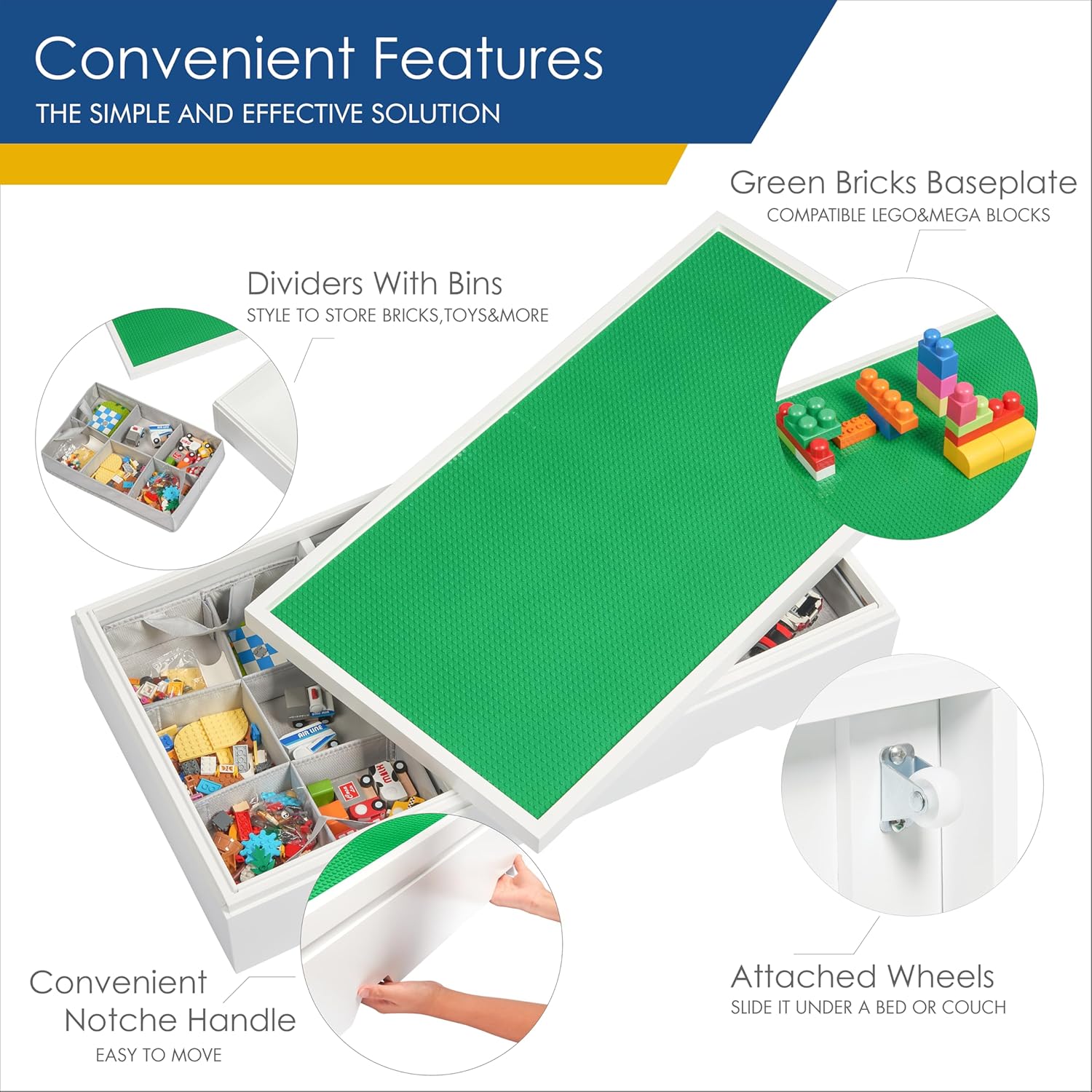 UTEX 3 in 1 Construction Play Table Compatible with Lego, Rolling Kids Activity Train Table with Storage and Wheels, Reversible Top Store Under Beds or Sofas