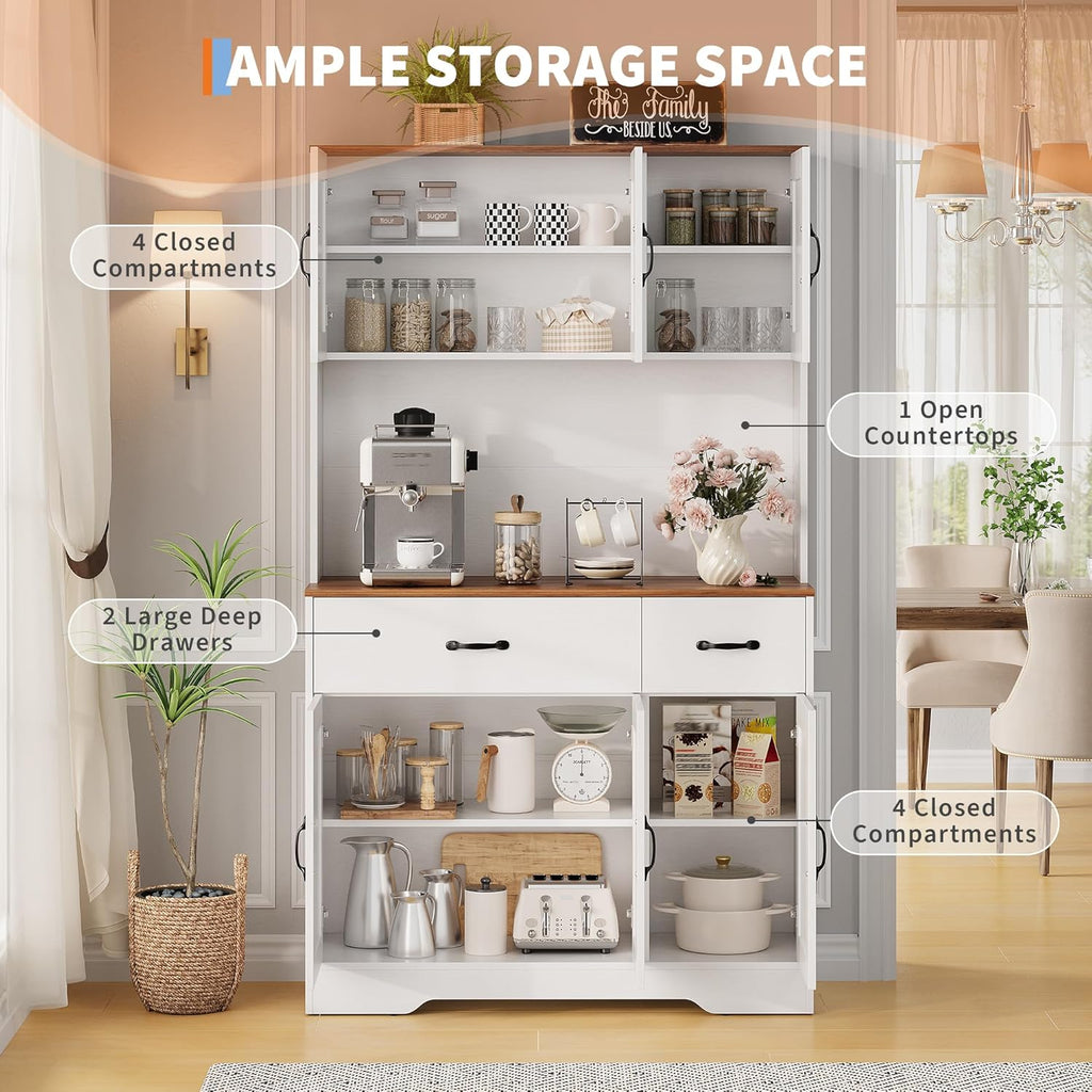 71" Pantry Cabinet with Charging Station, Kitchen Hutch Storage Cabinet with Countertop & Drawer, Farmhouse Food Pantry with Microwave Stand & Adjustable Shelves for Living Room, Dining Room, White