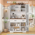 71" Pantry Cabinet with Charging Station, Kitchen Hutch Storage Cabinet with Countertop & Drawer, Farmhouse Food Pantry with Microwave Stand & Adjustable Shelves for Living Room, Dining Room, White