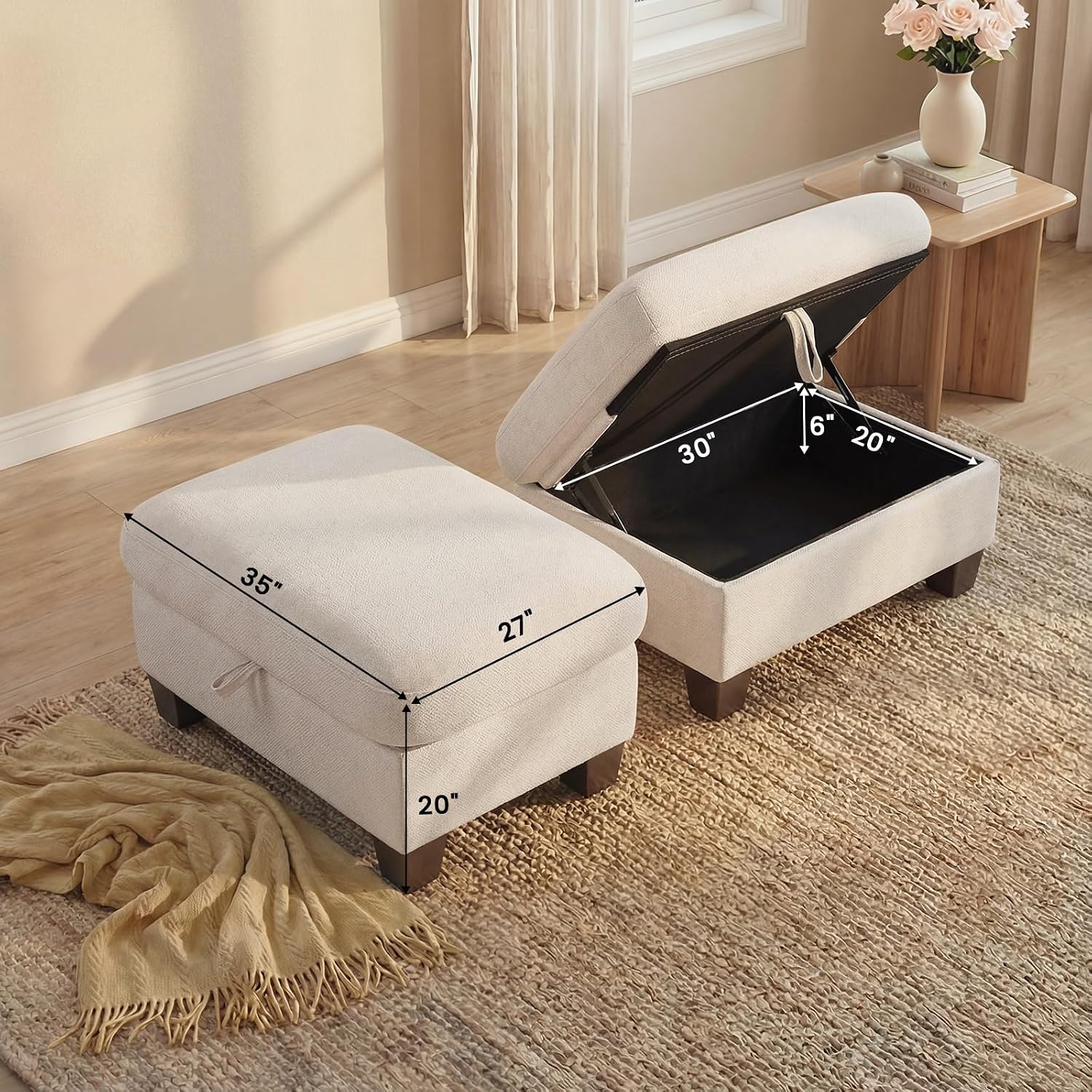 DOPEDIO 35" Folding Storage Ottoman Bench, Thick Padded Footstool with High Weight Capacity, Multi-Functional Chest for Living Room, Bedroom, Entryway (Beige)