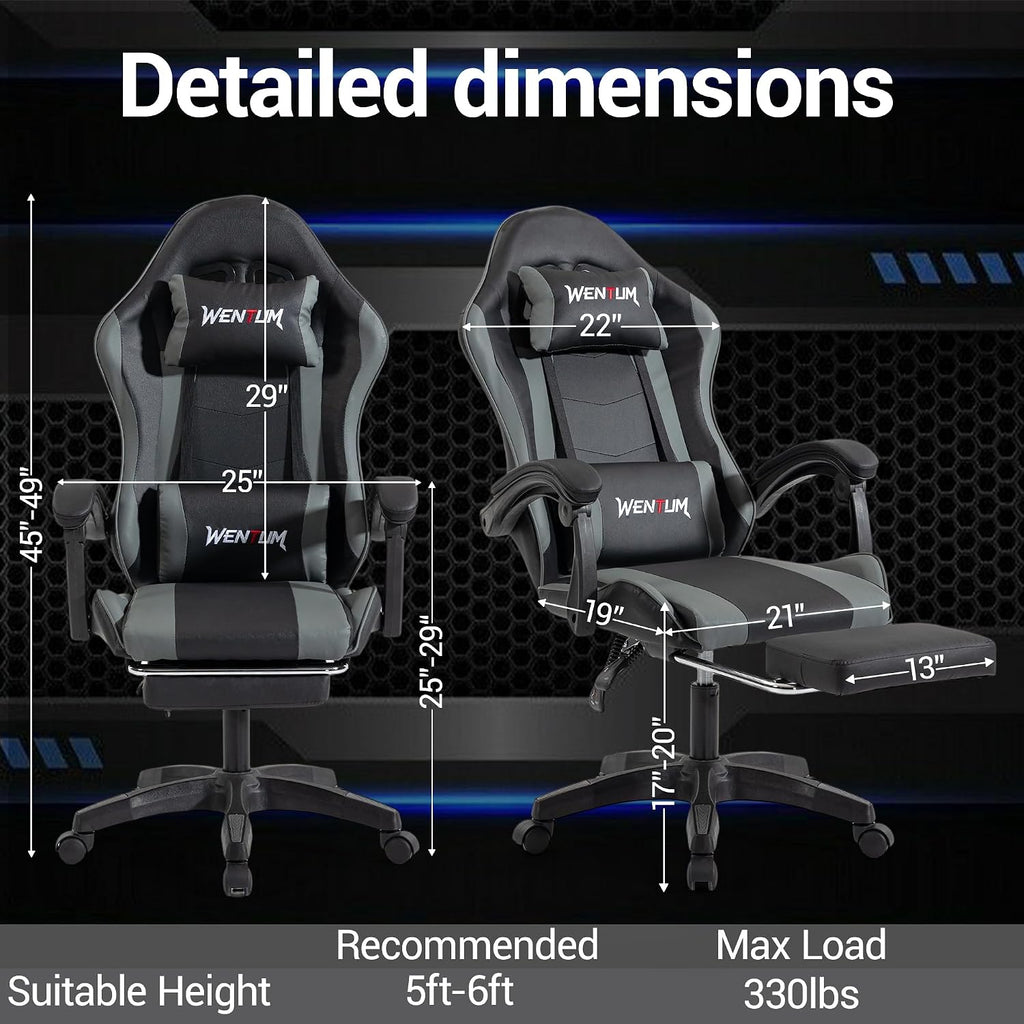 Ergonomic Gaming Chair with Footrest, Grey Black Video Game Chair w/Adjustable Headrest & Lumbar Support for Adults Kids, 360° Swivel for Home Office Bedroom Gaming Room, Grey&Black