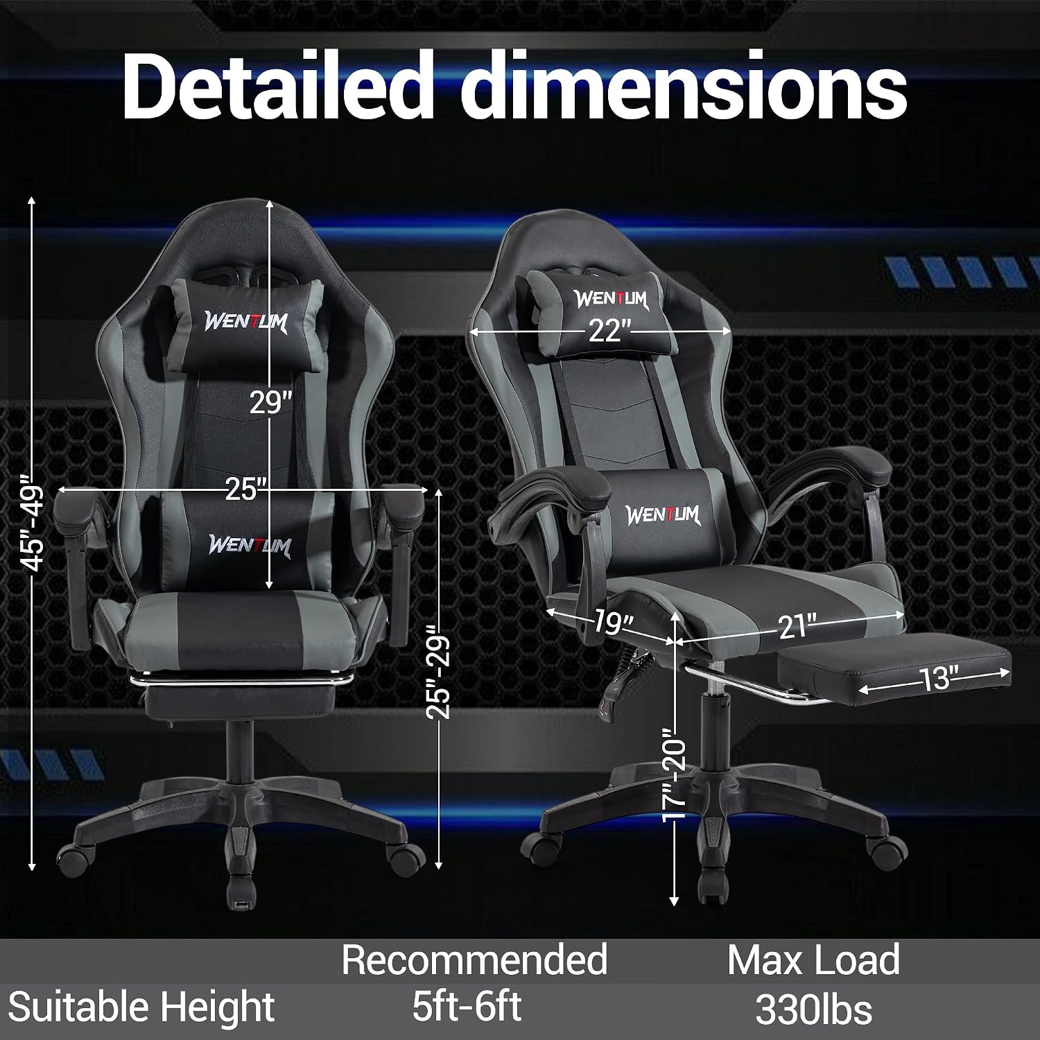 Ergonomic Gaming Chair with Footrest, Grey Black Video Game Chair w/Adjustable Headrest & Lumbar Support for Adults Kids, 360° Swivel for Home Office Bedroom Gaming Room, Grey&Black