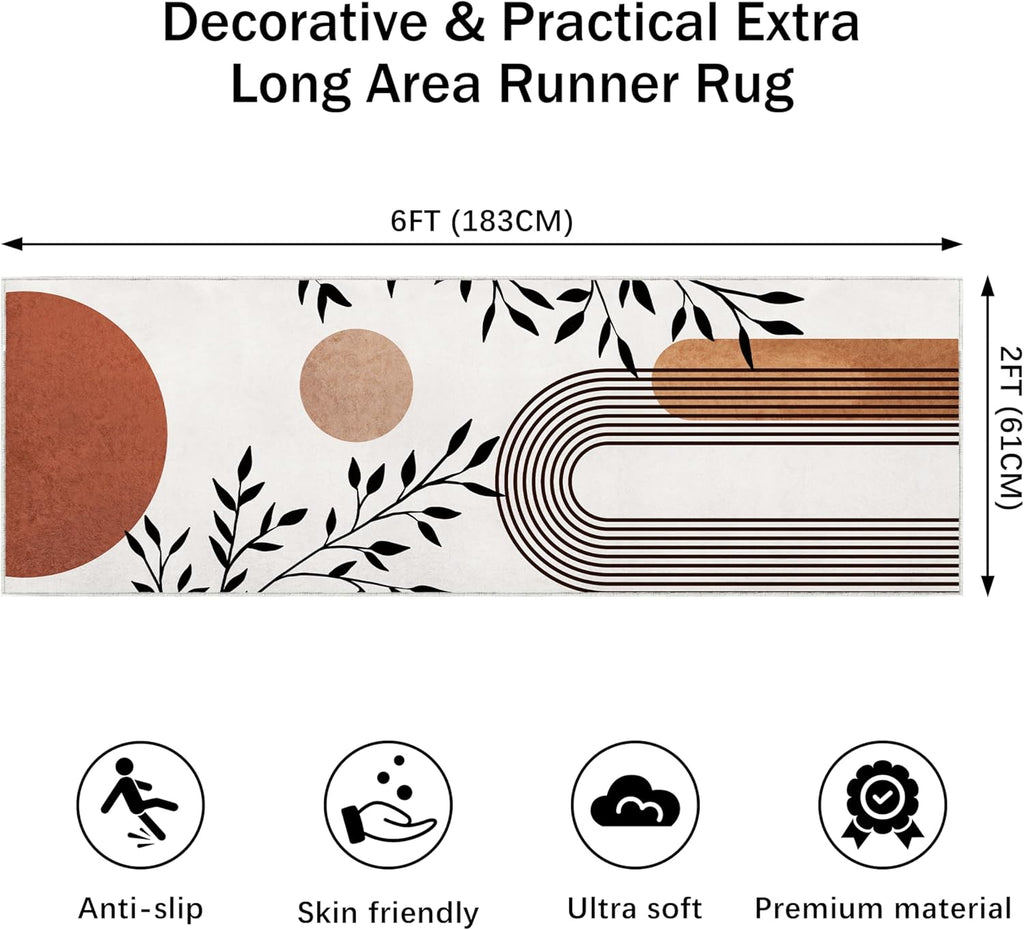 Boho Runner Rug 2x6 for Hallway Beige Abstract Modern Home Decor Soft Throw Carpet Non Slip Entryway Mat Washable Area Rug for Laundry Bedroom Bathroom (Brown, 2' x 6')