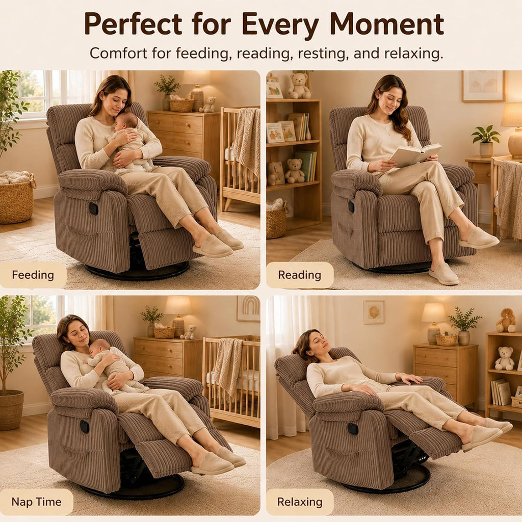 Super Soft Brown Rocking Chair Nursery Recliners, Small Recliner Rocking Chair for Small Spaces, Manual Swivel Glider Recliner for Living Room Bedroom Office, Corduroy, Adjustable Backrest (Brown, 1)