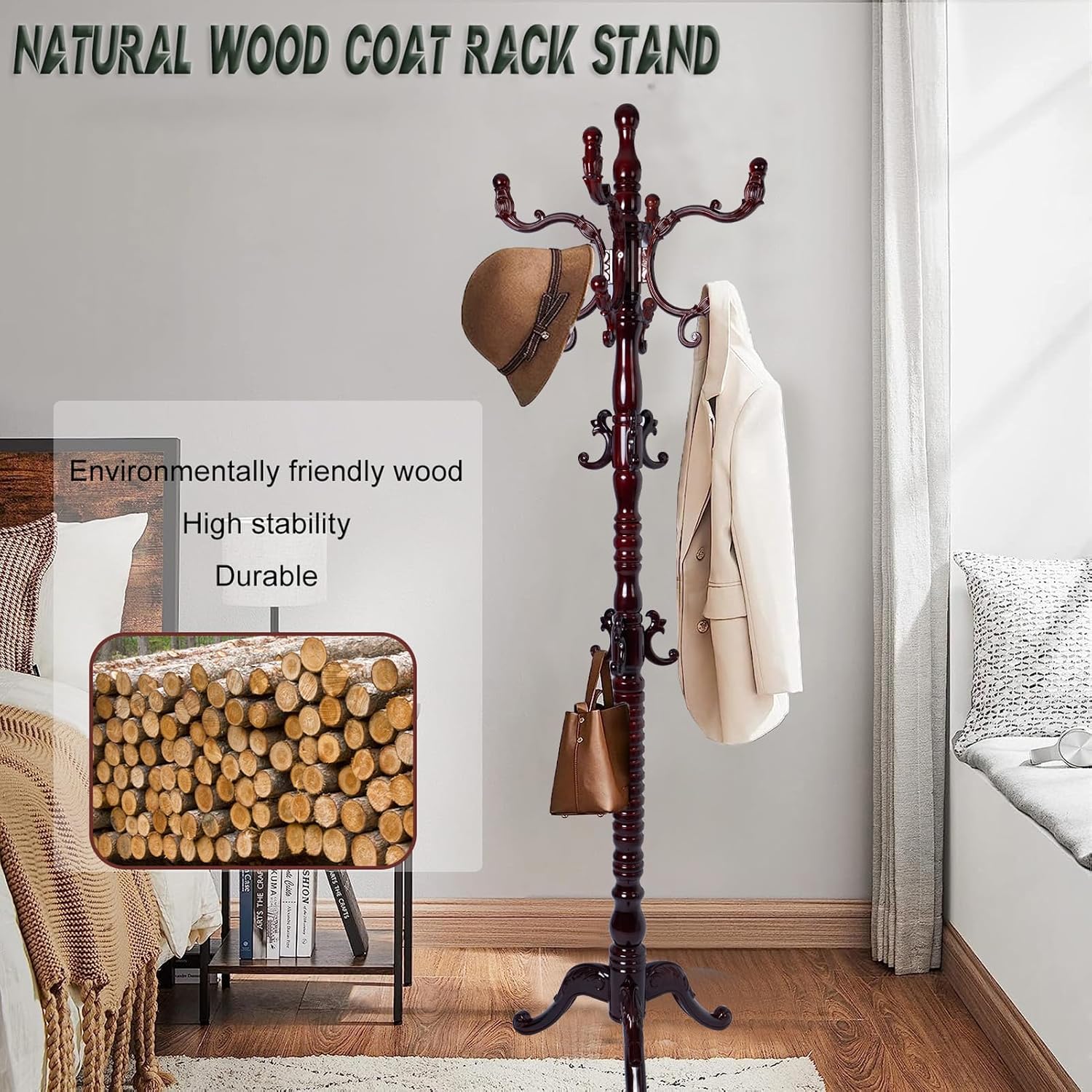 73" Wooden Coat Rack Stand,Coat Racks Freestanding With 14 Hooks And Solid Round Base Heavy Duty Adjustable Height Hall Tree Coat Rack for Entryway Hallway Foyer Office Bedroomf (3-Legged Redwood)