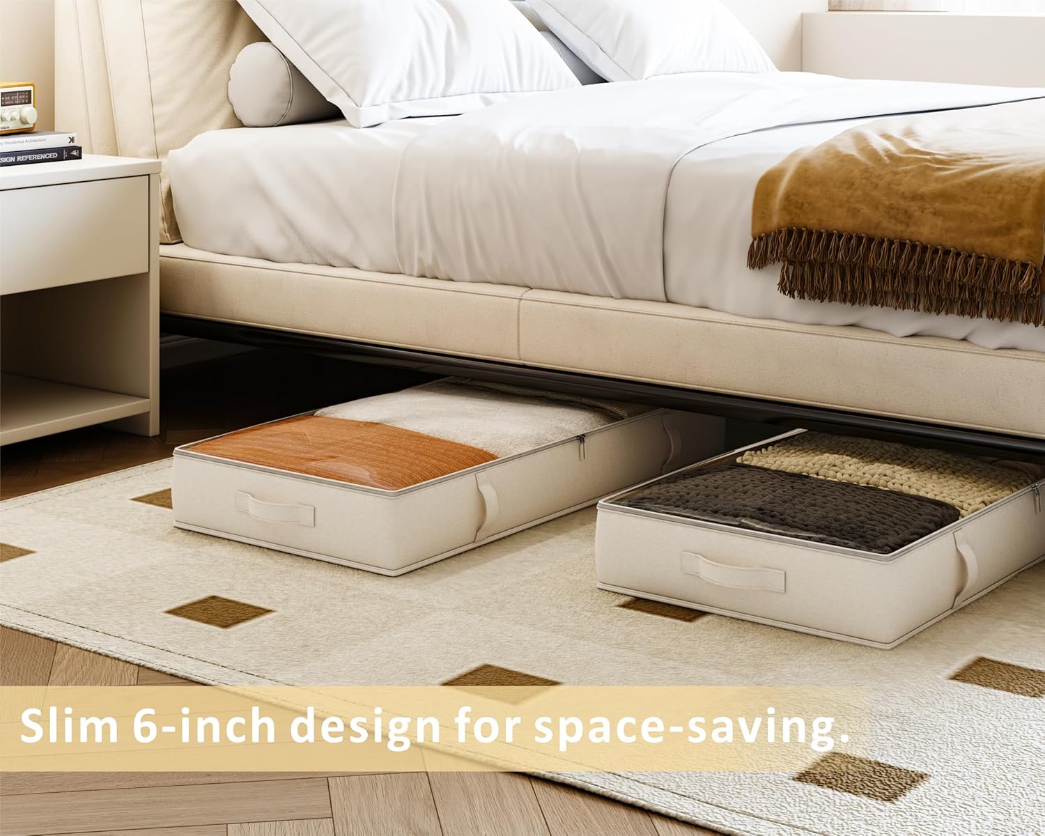 Vailando Storage Containers, 8 Inches Tall 80L Underbed Storage Bins with Sturdy Handles and Sidewalls, Closet Organizer for Clothes, Blankets, Seasonal Items, Beige, 2-Pack