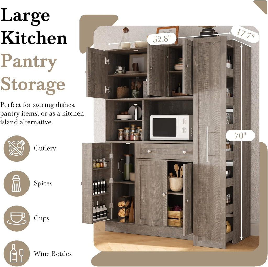 Virubi 70" Large Kitchen Pantry Storage Cabinet with Doors and Shelves, Wood Farmhouse Tall Buffet Cabinet with Hutch and Drawers, Large Cupboard with Pull-Out Side Cabinet, Freestanding (Brown)
