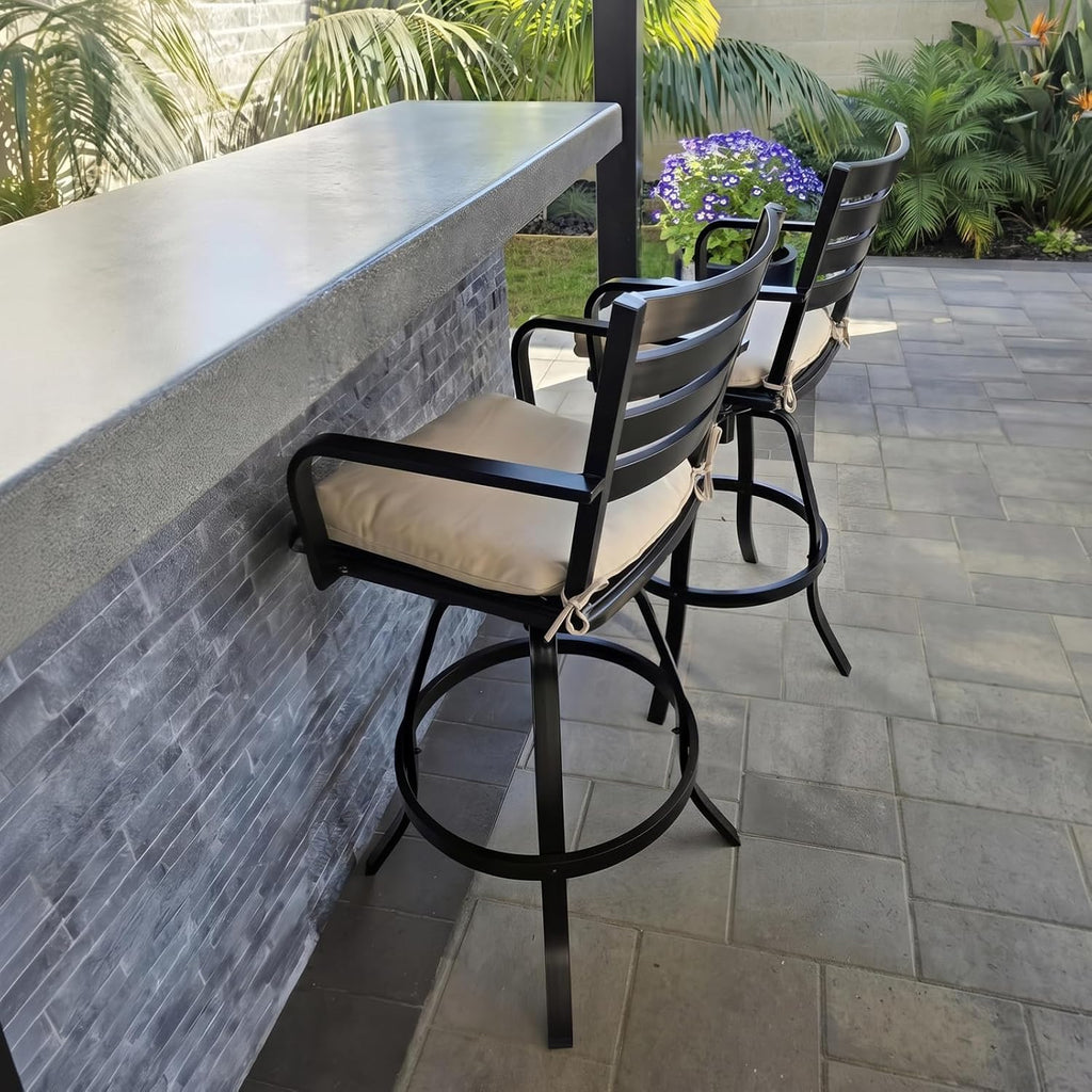 Crestlive Products Heavy Duty Cast Aluminum Outdoor Swivel Bar Stools with Sunbrella Cushion, Patio Bar Height Chair Set of 4, All Weather Black Finish for Outside, Commercial Grade(Milano Char)
