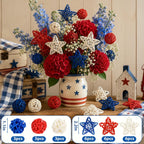 4th of July Star Rattan Balls 27Pcs Patriotic Wicker Stars Red Blue White Wicker Ball 4th of July Vase Filler for Independence Day Home Decor DIY Vase Bowl Filler Ornament Table Decors