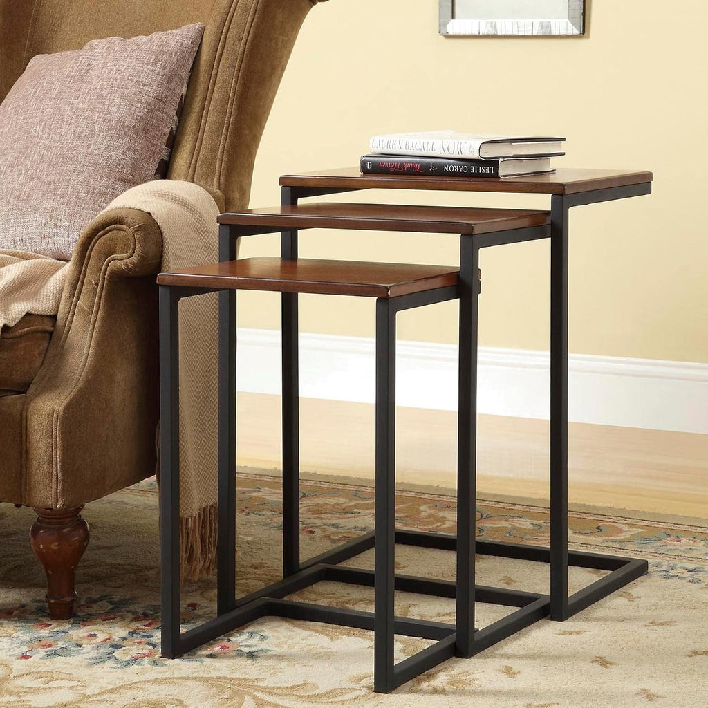 Carolina Chair & Table Rectangular 3-Piece Nesting Table Set - Chestnut Wooden Top Alloy Steel Frame Space-Saving Furniture, Modern Accent Tables for Living Room and Bedroom