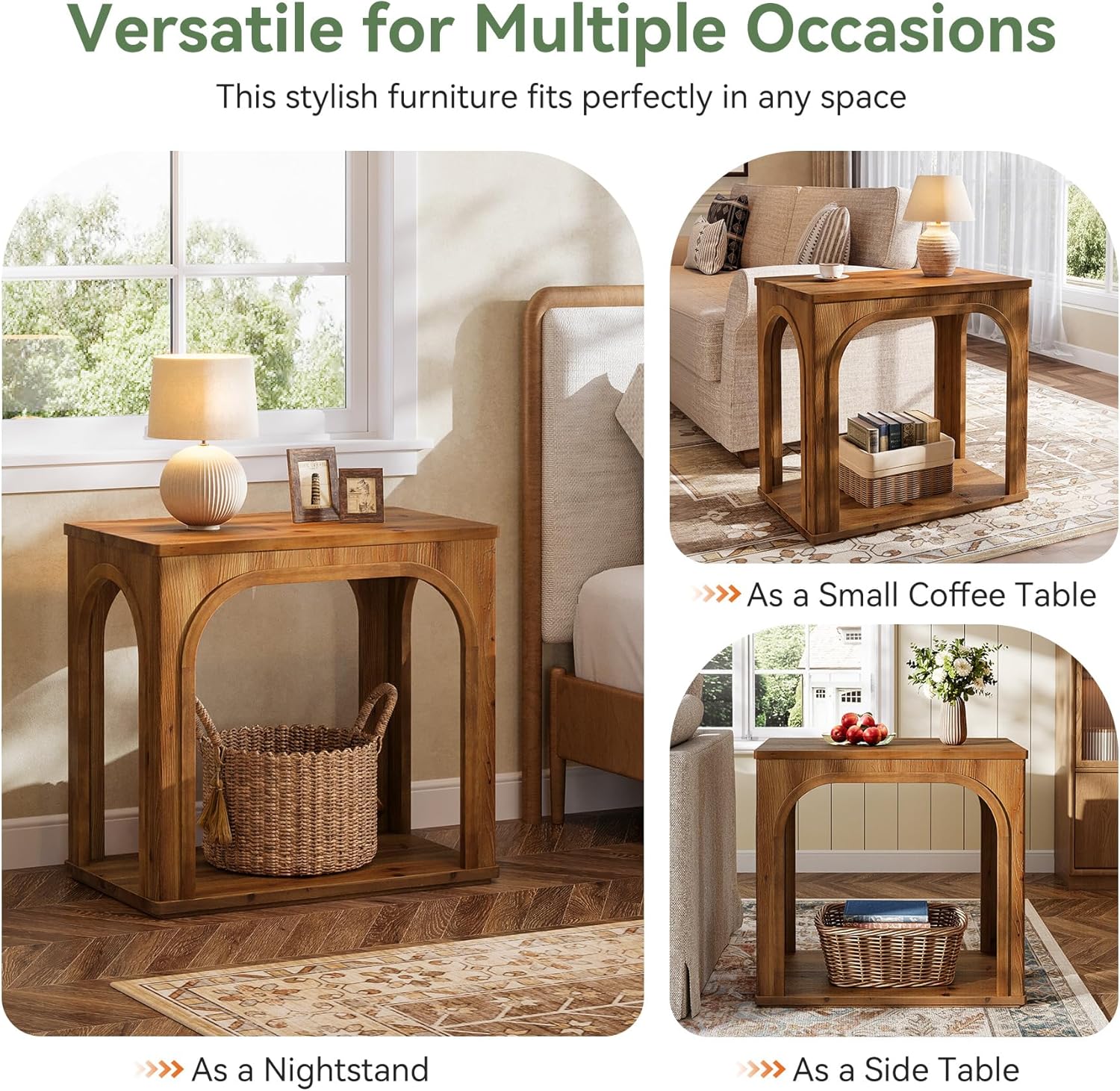 Tribesigns Arched Side Table, 2-Tier Farmhouse Solid Wood End Table with Bottom Shelf, Wooden Night Stand for Living Room, Bedroom, Rustic Brown