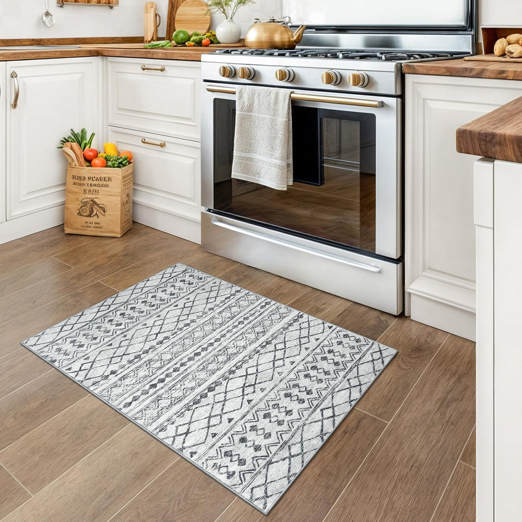 KUTA Washable Non-Slip Rugs for Entryway 2x3, Grey Moroccan Boho Small Area Rug, Ultra Soft Vintage Geometric Low-Pile Indoor Door Mat Floor Carpet for Indoor, Entrance, Kitchen, Bathroom, Bedroom