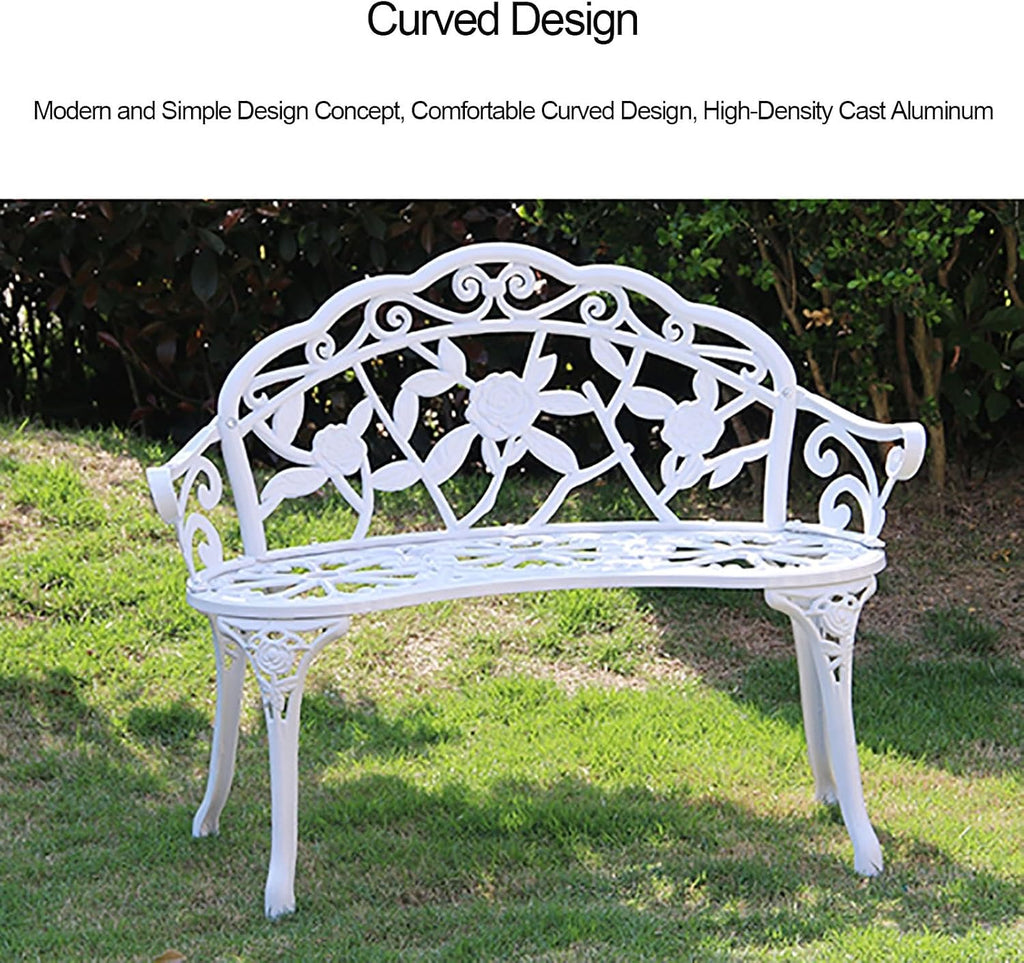 Patio Bench Double Seat, Cast Aluminum Outdoor Furniture with Floral Rose for Patio, Park, Lawn, Yard(C1)