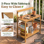YEFU Outdoor Potting Bench with Storage: 3-Tier HIPS Potting Table with Wide-Panel Shelf/Hooks - All-Weather Heavy Duty Gardening Table for Patio Backyard Porch Easy to Clean 420lbs Capacity (Teak)
