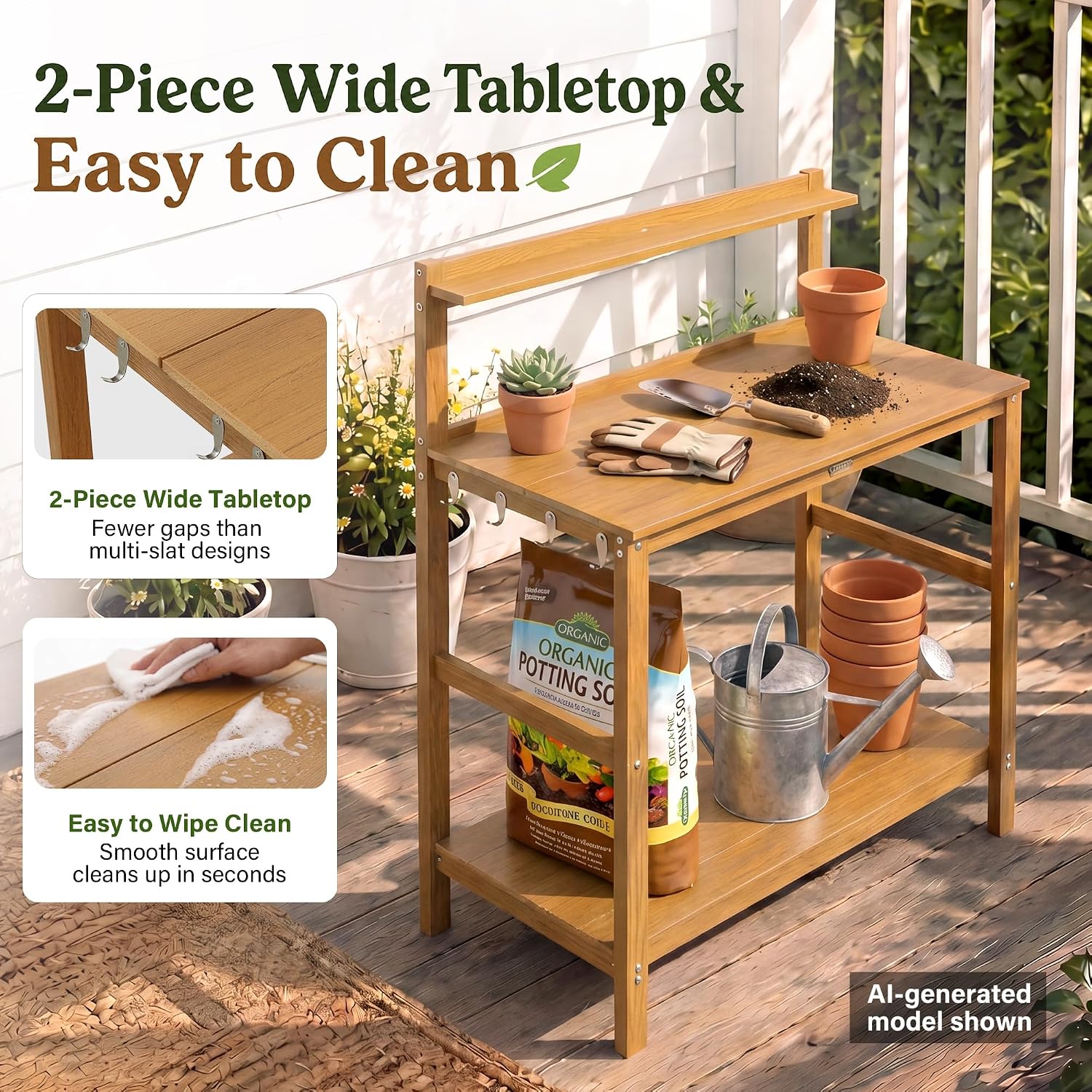 YEFU Outdoor Potting Bench with Storage: 3-Tier HIPS Potting Table with Wide-Panel Shelf/Hooks - All-Weather Heavy Duty Gardening Table for Patio Backyard Porch Easy to Clean 420lbs Capacity (Teak)