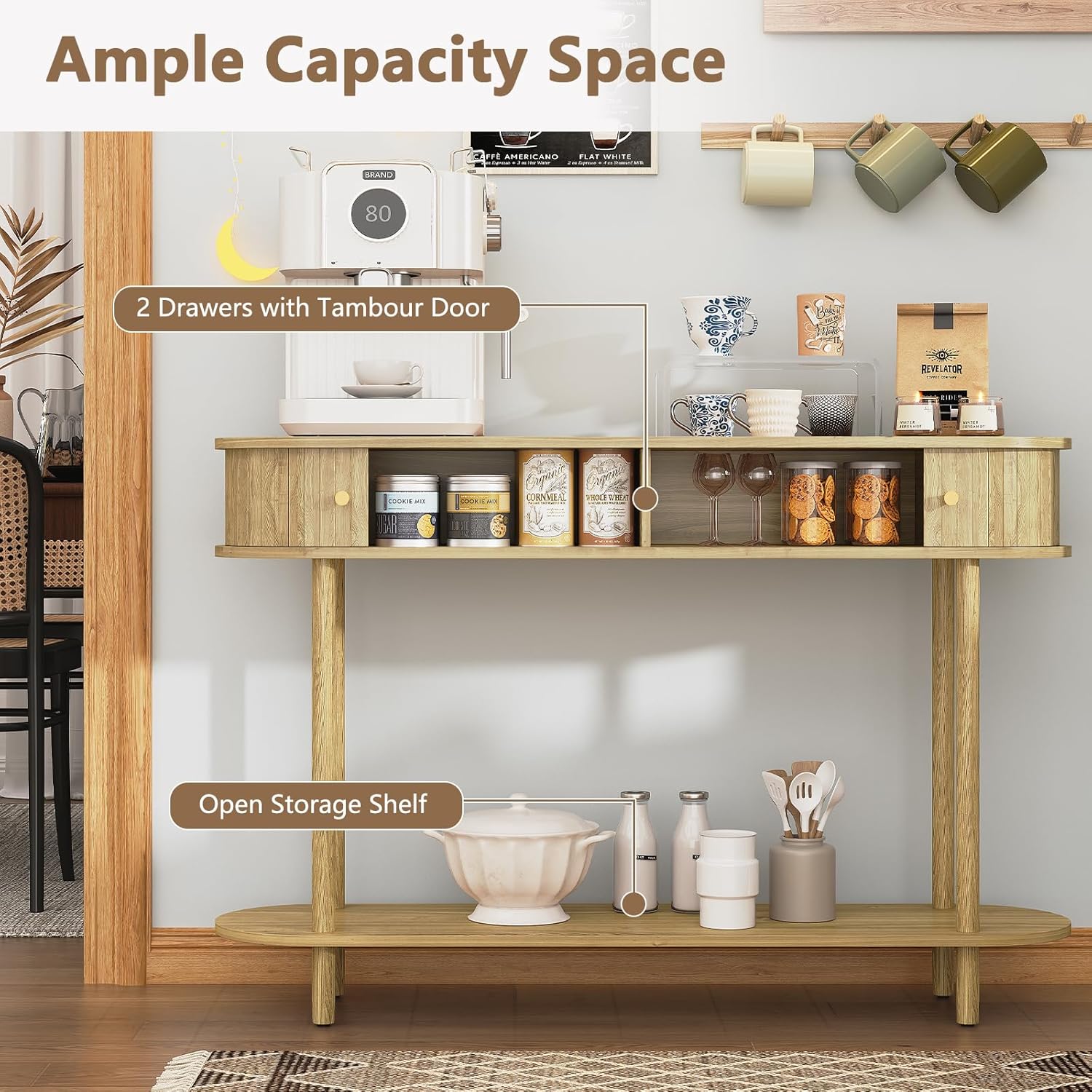 ARTPOWER 47.2" Modern Entryway Table with Wood Tambour Door, Accent Behind Couch Sofa Console Table with Storage, Fluted Side Table for Hallway, Living Room, Foyer, Natural Wood