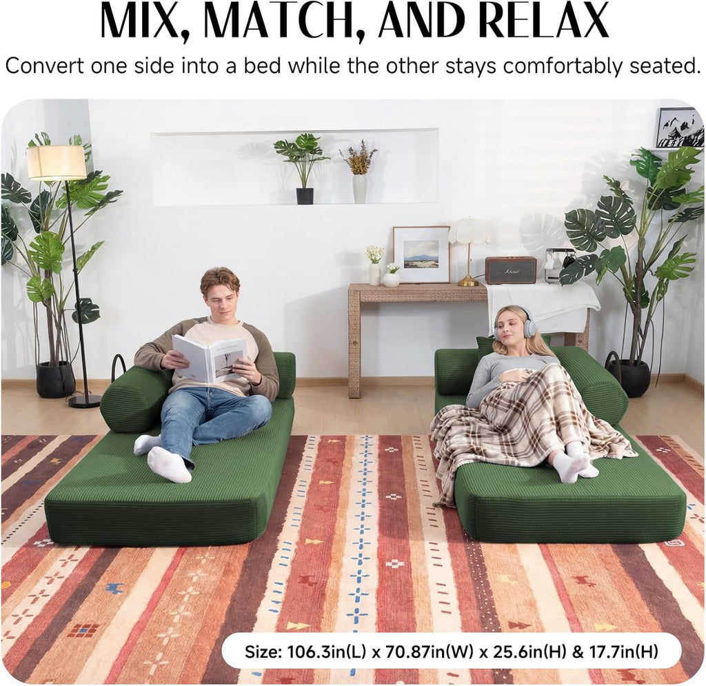 79" Corduroy Sofa Bed, Boneless Couch in a Box with 2 Pillows, High-Density Foam 4-in-1 Foldable Sleeper Futon Loveseat for Small Spaces, No Assembly, Side Pockets, Hex Arm Hunter Green