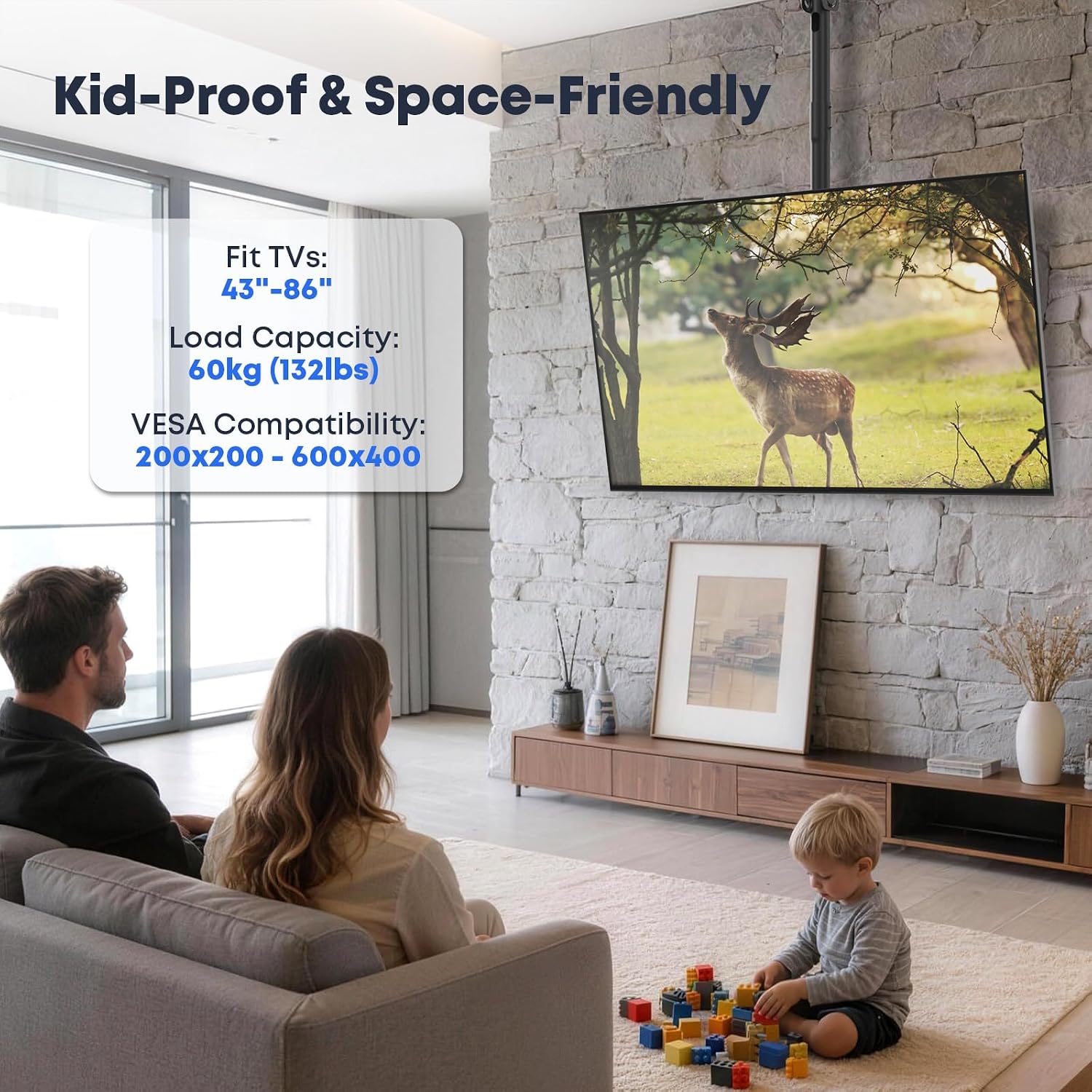TV Ceiling Mount for Most 43-86 inch TV up to 132lbs, Adjustable Height Ceiling Mount TV Bracket with Swivel, Tilt, Fits Pitched/Vaulted Roof, Max VESA 600x400mm