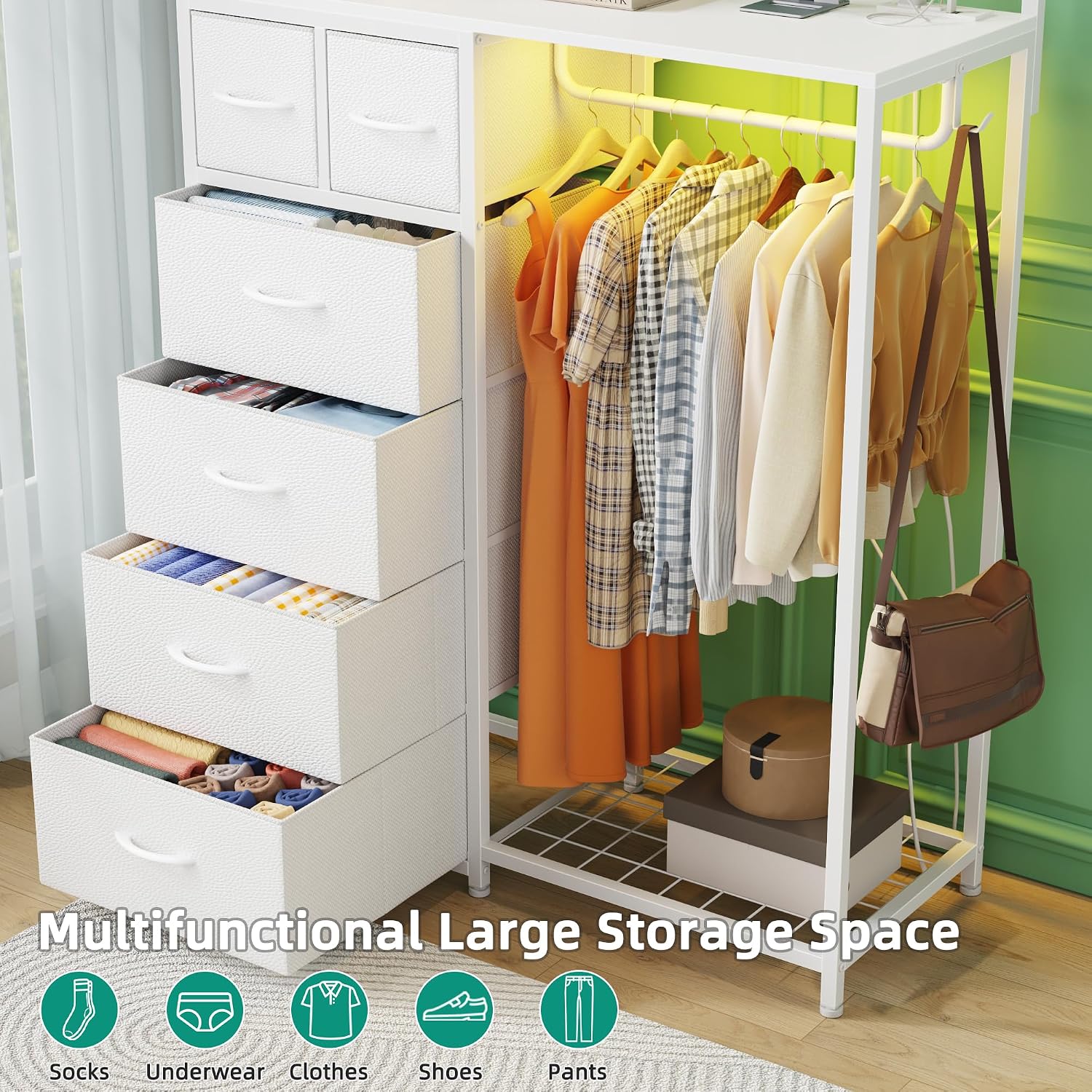 YAOHUOO Dresser with 6 Drawers and Hanging Rack, White | 6 Drawer Dresser, Hanging Rack, Charging Station, LED Light, Shoe Rack, Side Hooks, Entryway, Bedroom
