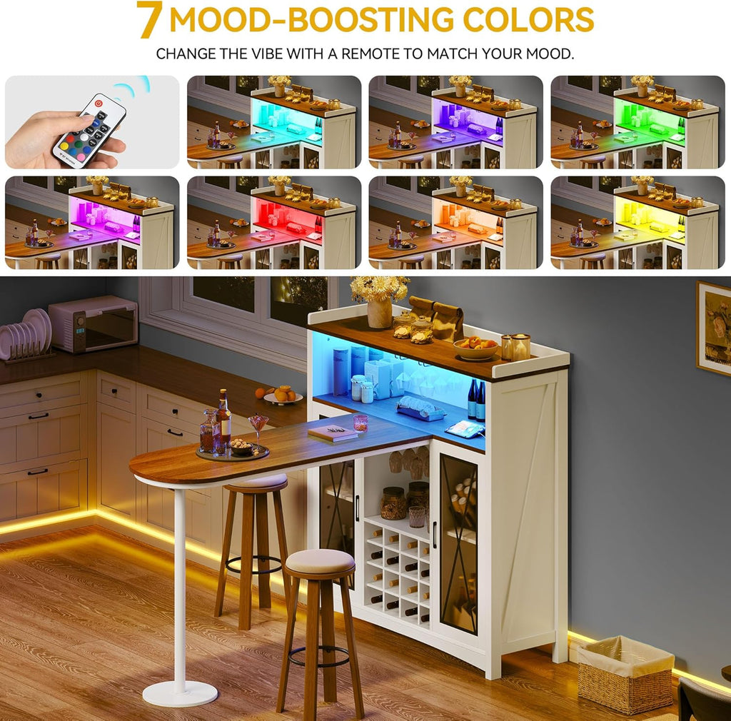 DWVO Home Bar Unit with LED Lights ＆ Wine Cabinet, Farmhouse Bar Cabinet with Wine Storage, Mini Bar Table Coffee Cabinet with Glasses Holder Hanger Footrest for Home Kitchen Pub, White&Walnut
