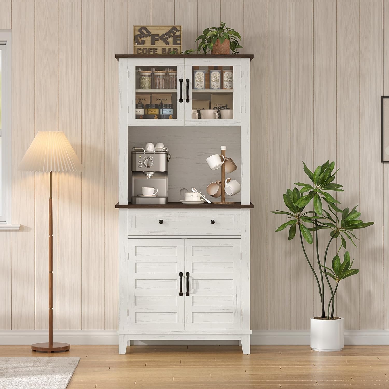 CAIBHOME Modern Kitchen Pantry Storage Cabinet, 72" Tall Coffee Bar Cabinet with 1 Large Storage Drawer, Kitchen Hutch Bar Cabinets, Dining Room, Living Room, White