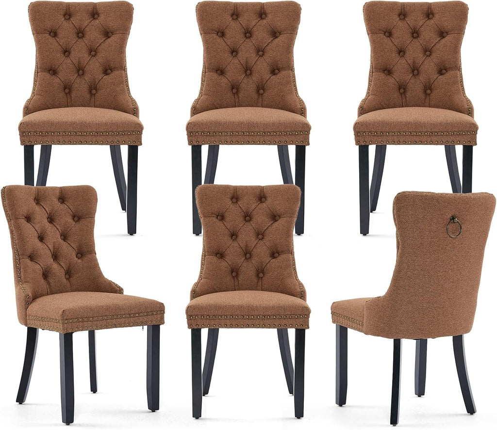 Linen Upholstered Dining Chairs Set of 6, Modern Style Kitchen Side Chairs with Nailhead Trim and Wood Leg, Metal Pulling Ring for Dining Room Living Room(Coffee,Set of 6)