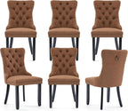 Linen Upholstered Dining Chairs Set of 6, Modern Style Kitchen Side Chairs with Nailhead Trim and Wood Leg, Metal Pulling Ring for Dining Room Living Room(Coffee,Set of 6)